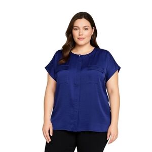 Chico's Sz 3 (XL/16) Blue Button Front Blouse Top Short Sleeve Satin Look Pocket